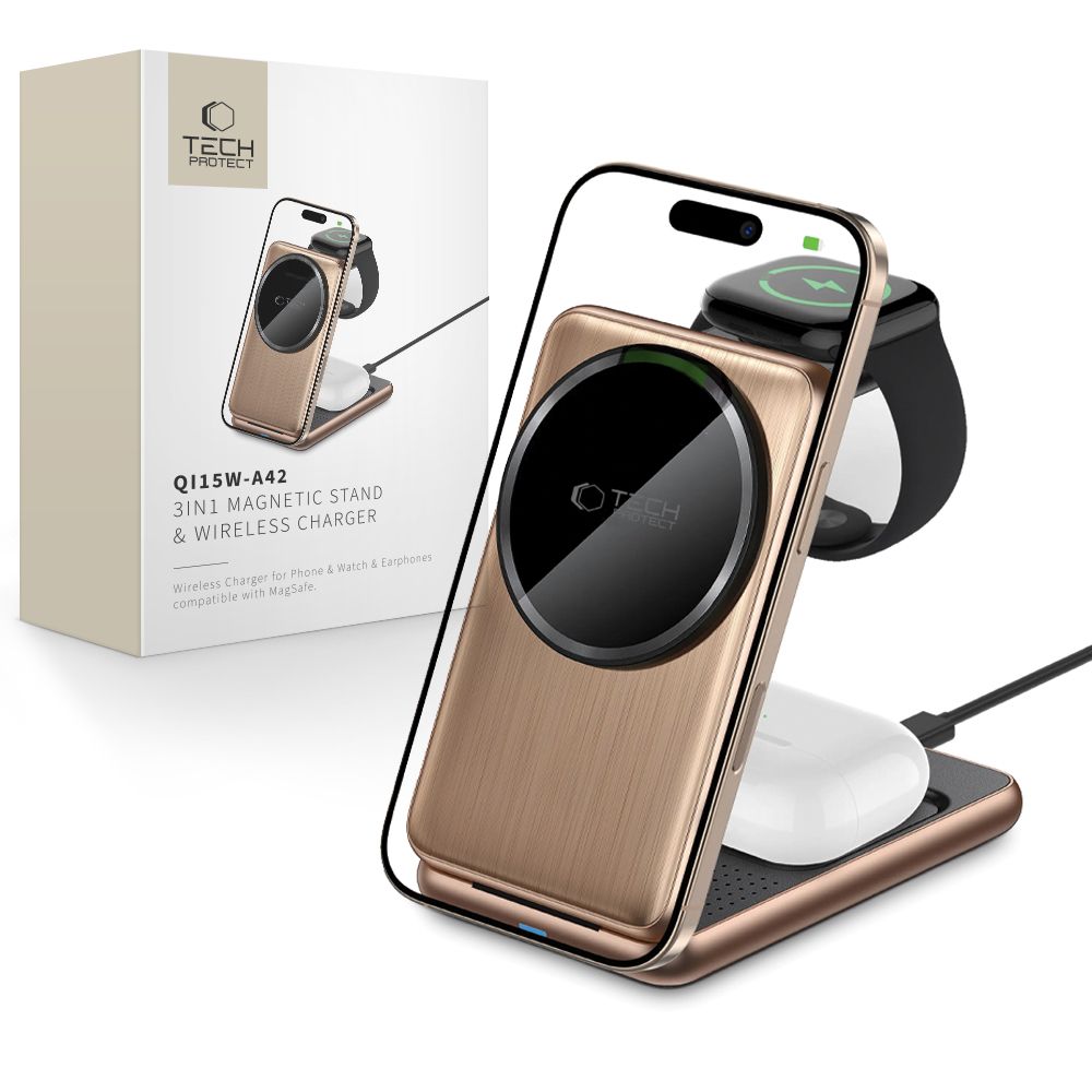 ŁADOWARKA INDUKCYJNA 3W1 TECH-PROTECT QI15W-A42 3IN1 MAGNETIC MAGSAFE WIRELESS CHARGER ZŁOTA