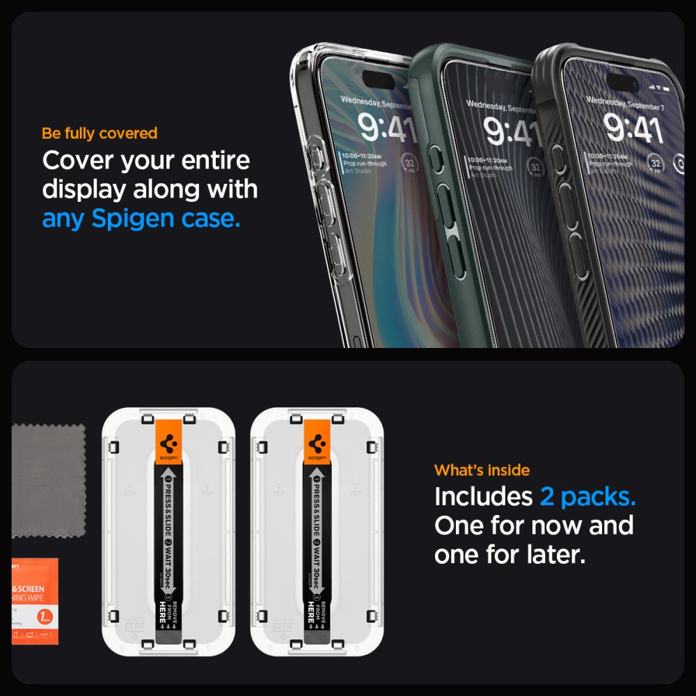SZKŁO HARTOWANE SPIGEN GLAS.TR ”EZ FIT” FC 2-PACK IPHONE 15 PRO MAX BLACK CZARNA RAMKA