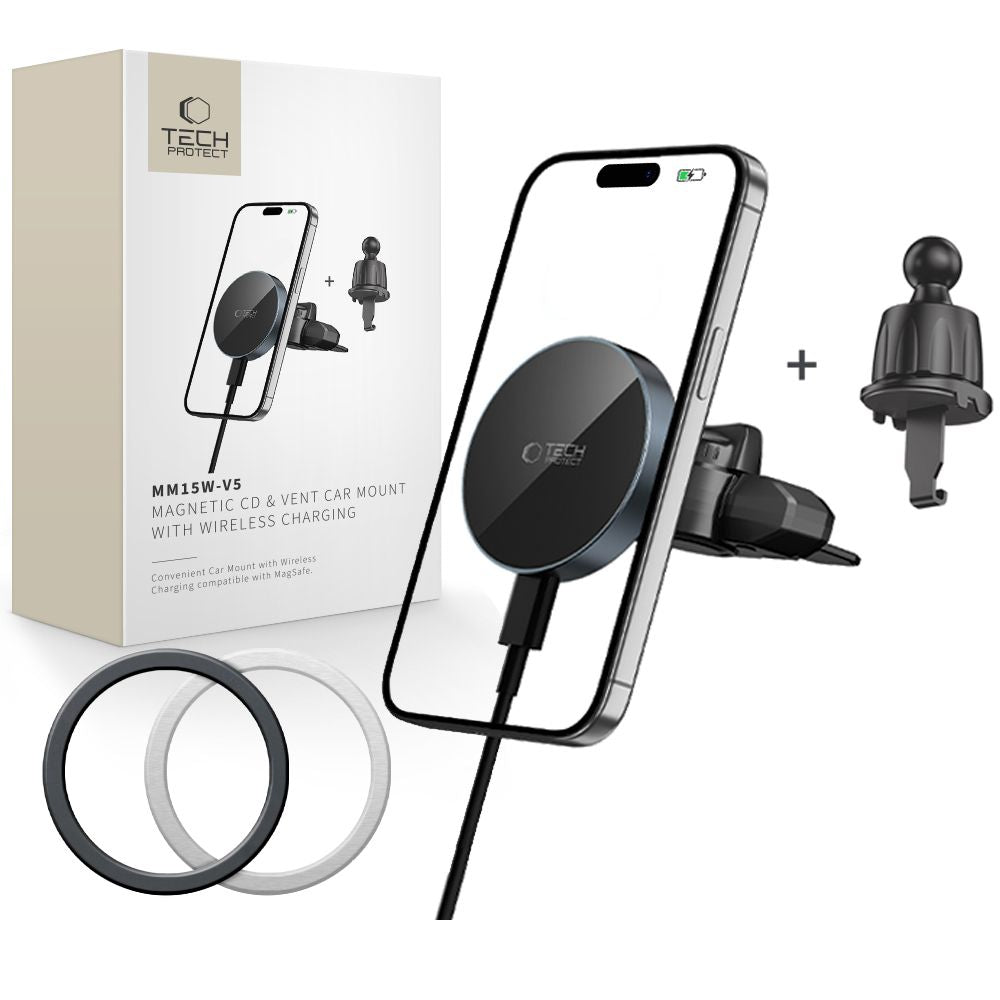 UCHWYT SAMOCHODOWY Z ŁADOWANIEM INDUKCYJNYM TECH-PROTECT MM15W-V5 MAGNETIC MAGSAFE CD & VENT CAR MOUNT WIRELESS CHARGER 15W CZARNY