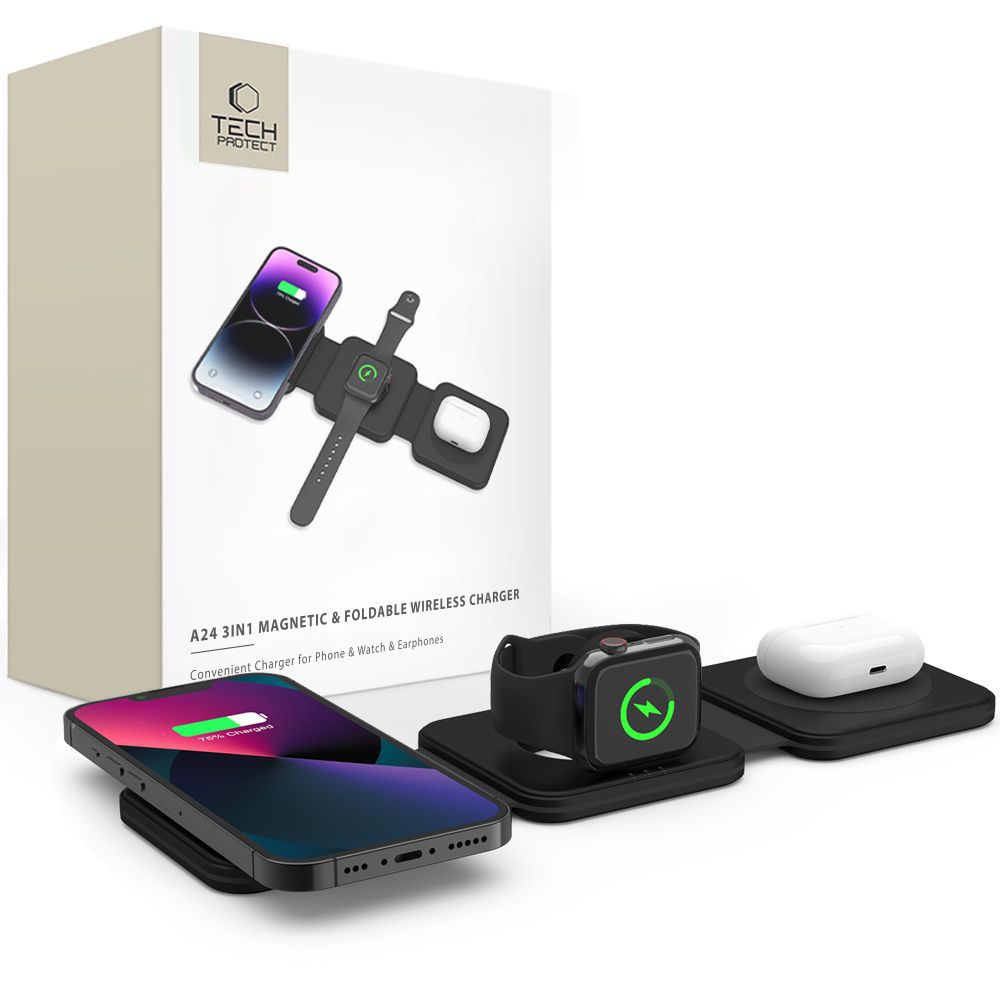 ŁADOWARKA INDUKCYJNA 3W1 TECH-PROTECT QI15W-A24 MAGNETIC MAGSAFE WIRELESS CHARGER CZARNA
