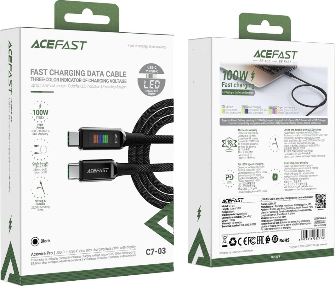 KABEL ACEFAST C7-03 USB-C USB-C 100W 1.2M Z WYŚWIETLACZEM - CZARNY