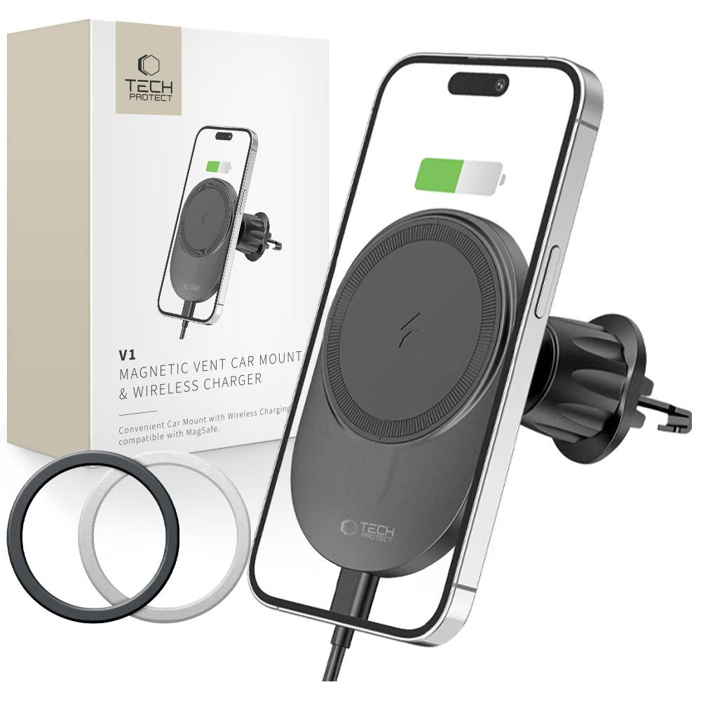 UCHWYT SAMOCHODOWY DO KRATKI Z ŁADOWANIEM INDUKCYJNYM TECH-PROTECT MM15W-V1 MAGNETIC MAGSAFE VENT CAR MOUNT WIRELESS CHARGER 15W CZARNY