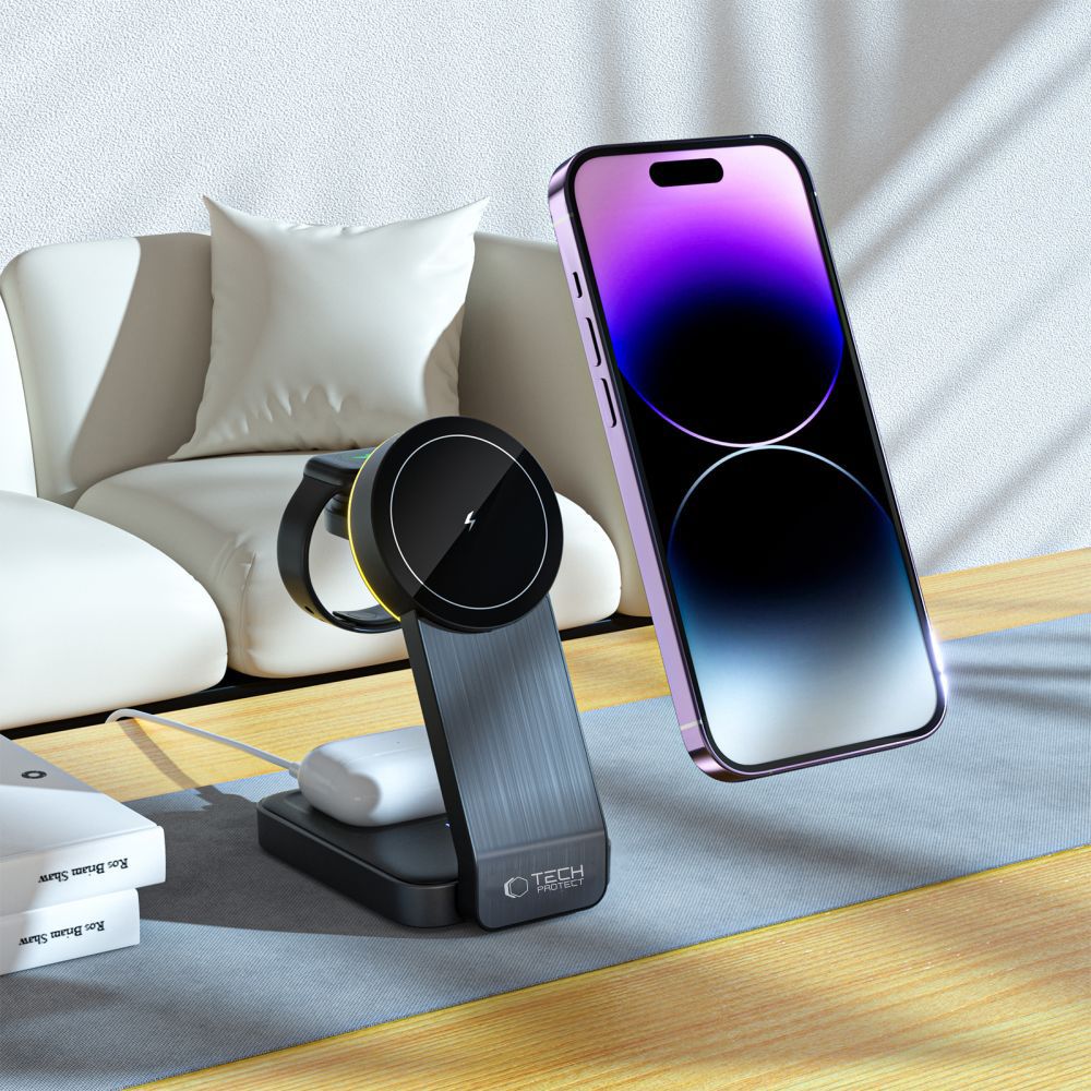 ŁADOWARKA INDUKCYJNA 3W1 TECH-PROTECT QI15W-A28 3IN1 MAGNETIC MAGSAFE WIRELESS CHARGER CZARNY