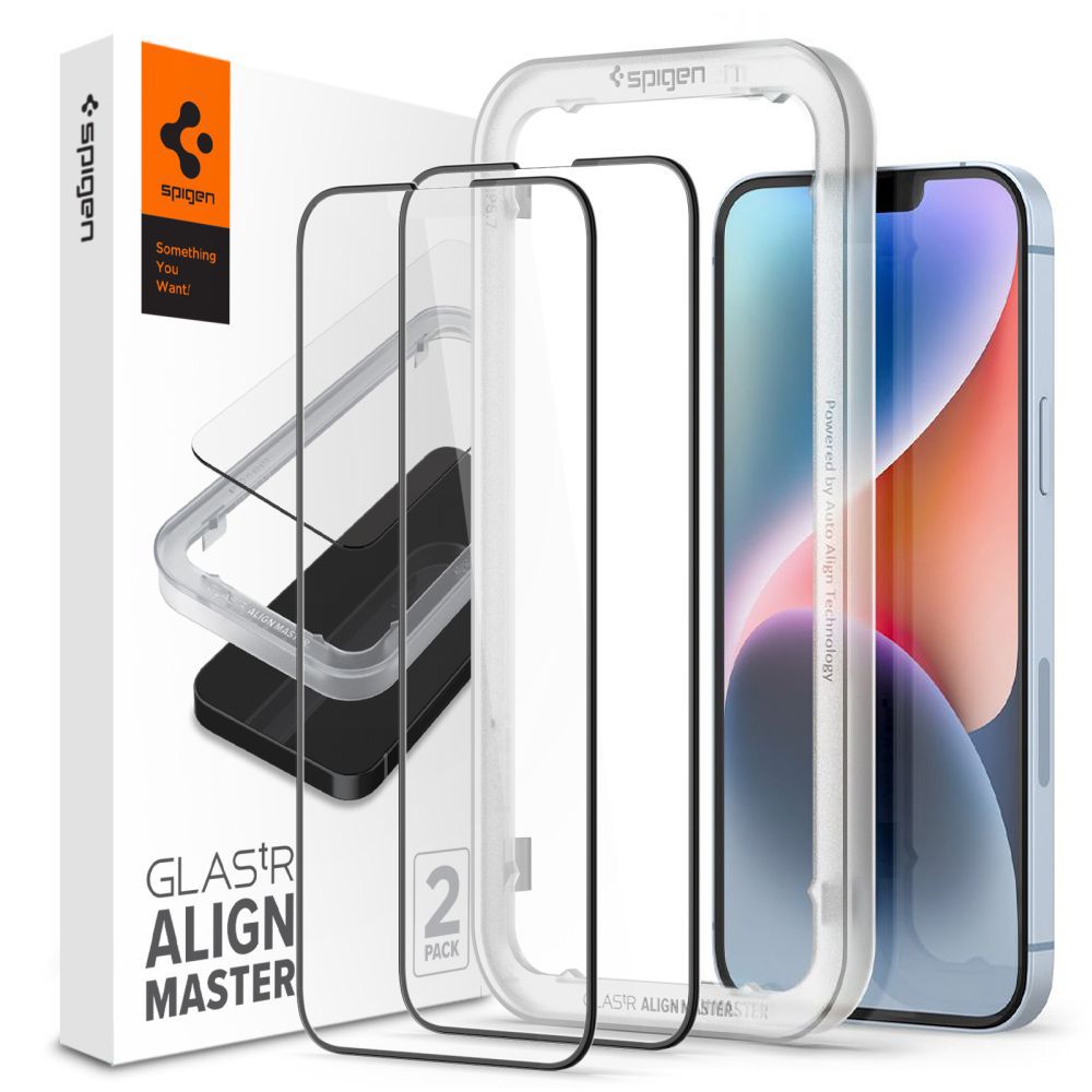 SZKŁO HARTOWANE SPIGEN ALM GLASS FC 2-PACK IPHONE 13 / 13 PRO / 14 / 16E BLACK CZARNA RAMKA