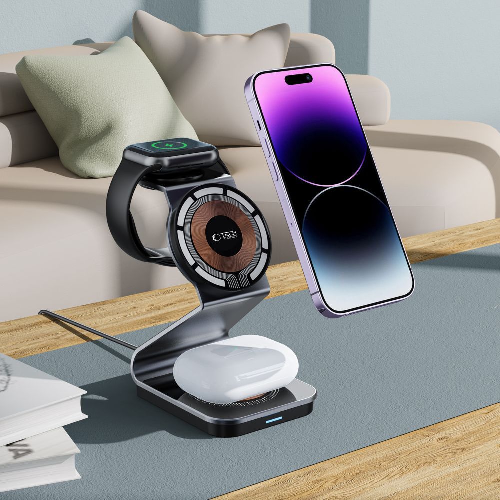 ŁADOWARKA INDUKCYJNA 3W1 TECH-PROTECT QI15W-A29 3IN1 MAGNETIC MAGSAFE WIRELESS CHARGER CZARNA