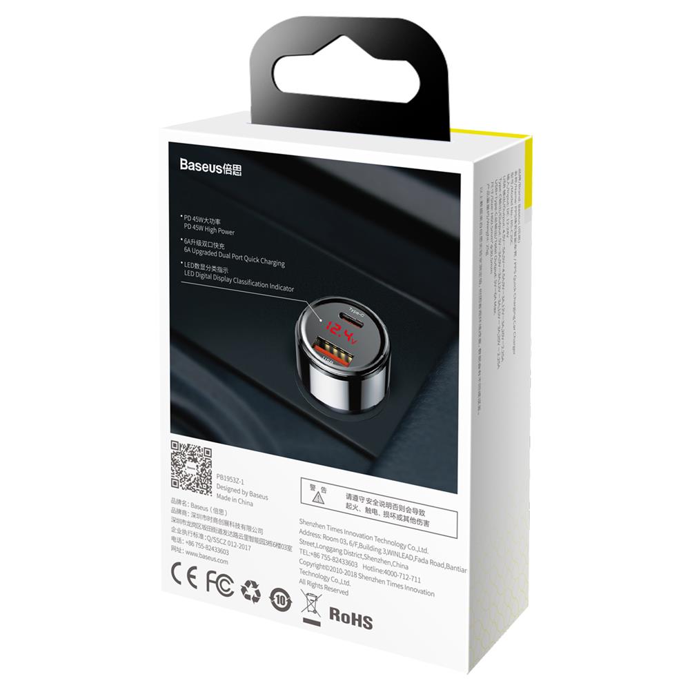 BASEUS ŁADOWARKA SAMOCHODOWA MAGIC PPS QC 3.0+ USB + PD CZARNA 45W