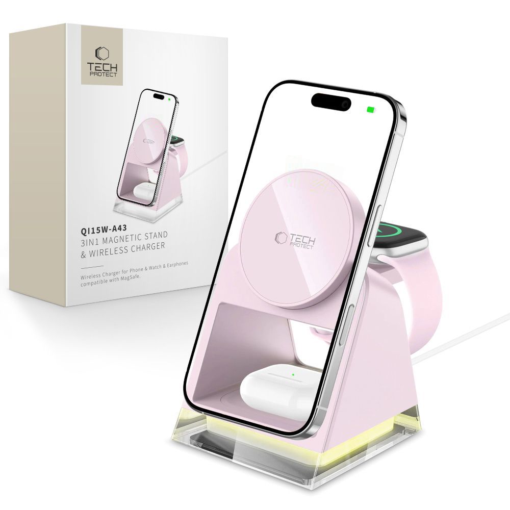 ŁADOWARKA INDUKCYJNA TECH-PROTECT QI15W-A43 3IN1 MAGNETIC MAGSAFE WIRELESS CHARGER RÓŻOWA