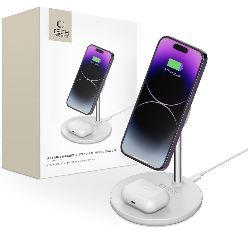 ŁADOWARKA INDUKCYJNA 2W1 TECH-PROTECT QI15W-A21 2IN1 MAGNETIC MAGSAFE WIRELESS CHARGER BIAŁA