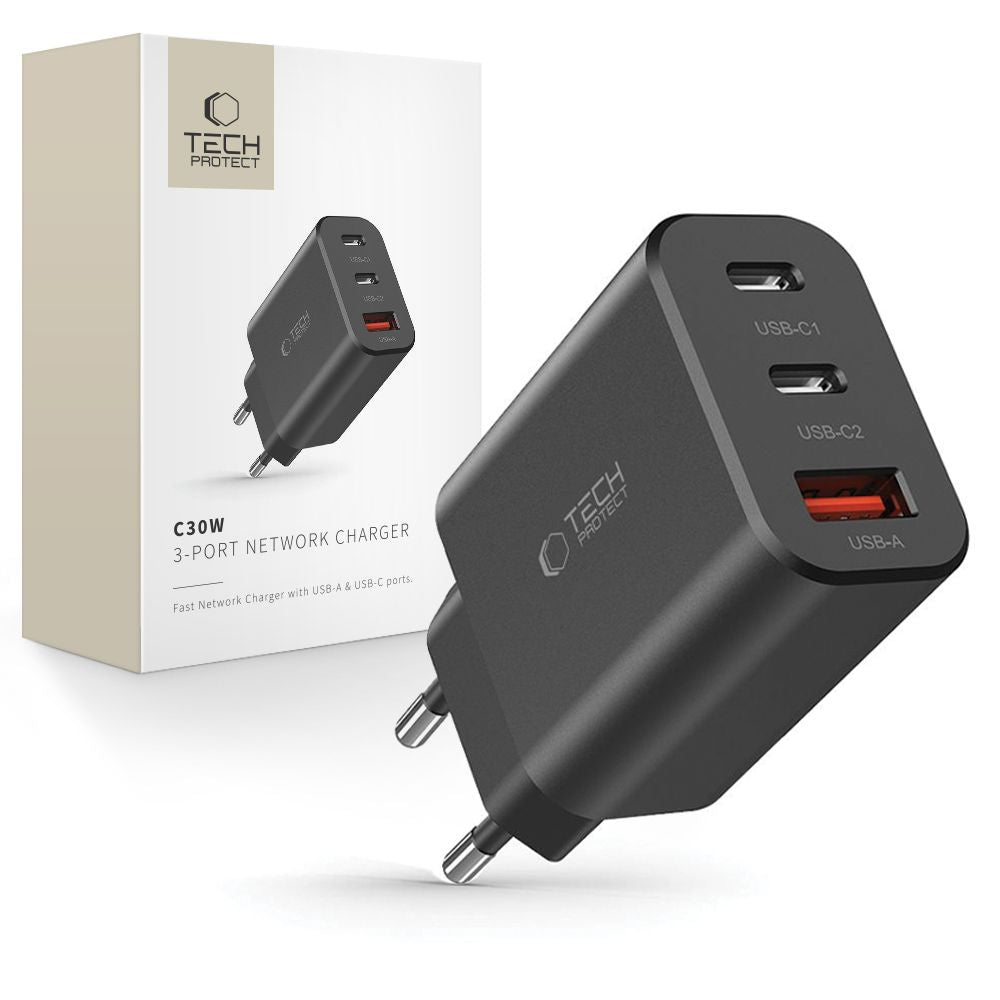 ŁADOWARKA SIECIOWA TECH-PROTECT NC30W 3-PORT NETWORK CHARGER PD30W/QC3.0 CZARNA