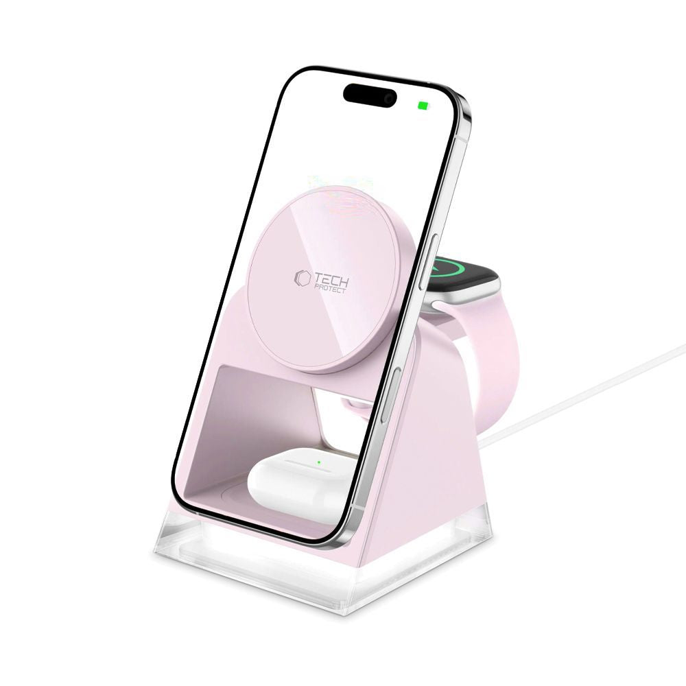 ŁADOWARKA INDUKCYJNA TECH-PROTECT QI15W-A43 3IN1 MAGNETIC MAGSAFE WIRELESS CHARGER RÓŻOWA