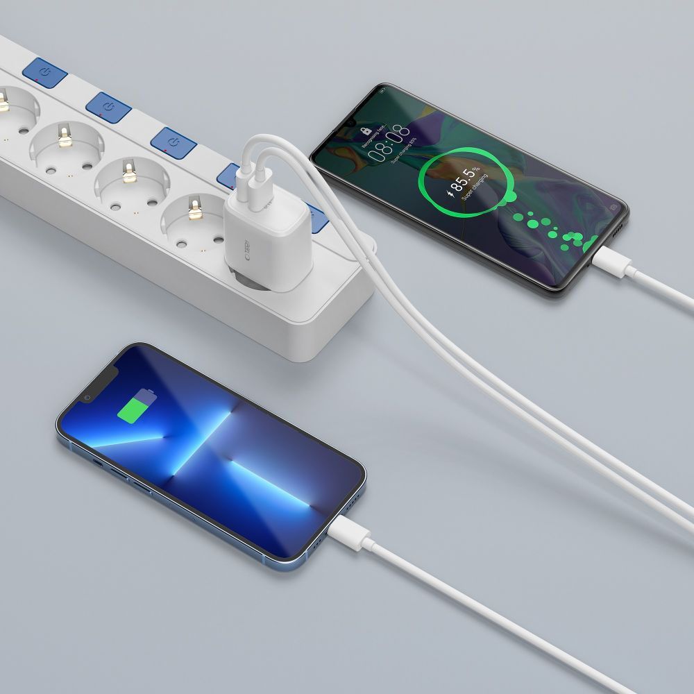 ŁADOWARKA SIECIOWA TECH-PROTECT C20W 2-PORT NETWORK CHARGER PD20W/QC3.0 + LIGHTNING KABEL BIAŁA
