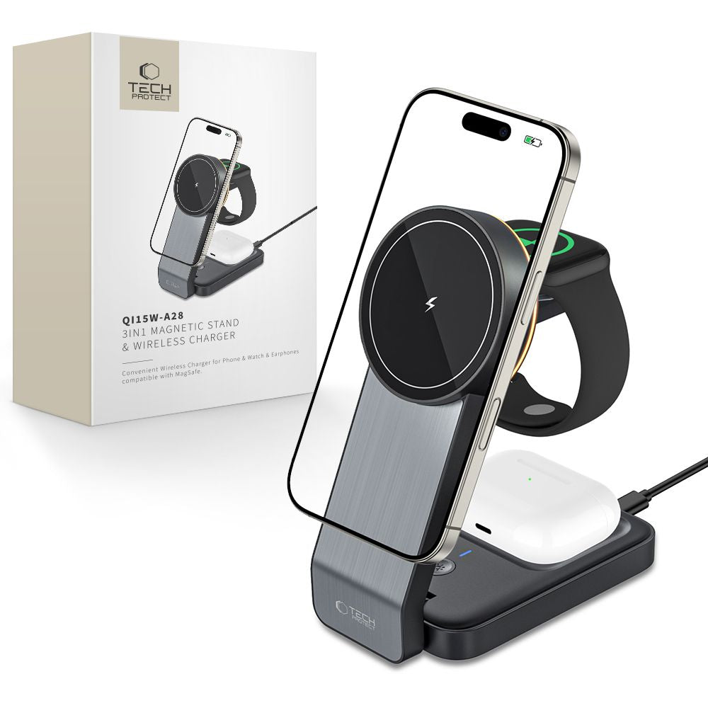 ŁADOWARKA INDUKCYJNA 3W1 TECH-PROTECT QI15W-A28 3IN1 MAGNETIC MAGSAFE WIRELESS CHARGER CZARNY