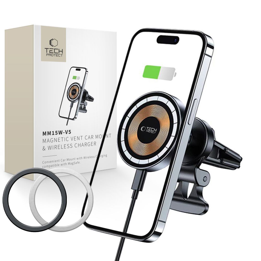 UCHWYT SAMOCHODOWY NA KRATKE Z ŁADOWANIEM INDUKCYJNYM TECH-PROTECT MM15W-V5 MAGNETIC MAGSAFE WIRELESS CHARGER 15W CZARNY
