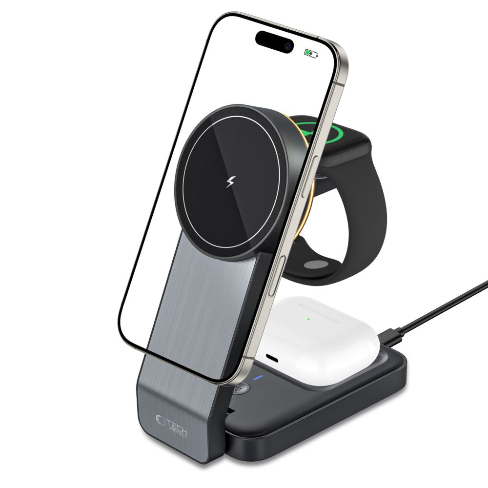 ŁADOWARKA INDUKCYJNA 3W1 TECH-PROTECT QI15W-A28 3IN1 MAGNETIC MAGSAFE WIRELESS CHARGER CZARNY