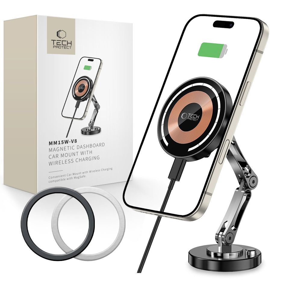 UCHWYT SAMOCHODOWY NA KOKPIT Z ŁADOWANIEM INDUKCYJNYM TECH-PROTECT MM15W-V8 MAGNETIC MAGSAFE WIRELESS CHARGER 15W CZARNY