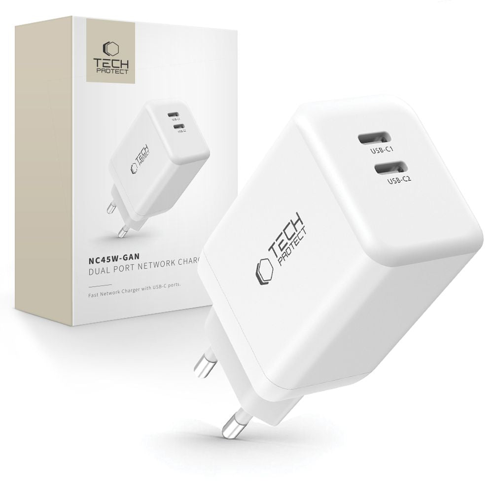 ŁADOWARKA SIECIOWA TECH-PROTECT NC45W-GAN 2-PORT NETWORK CHARGER PD45W BIAŁA