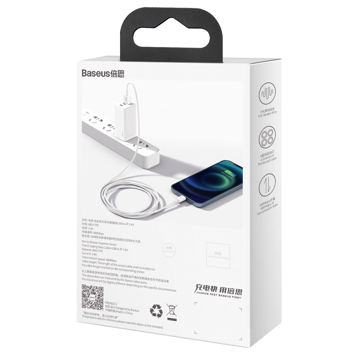 BASEUS KABEL SUPERIOR USB - LIGHTNING 1,0 M 2,4A BIAŁY