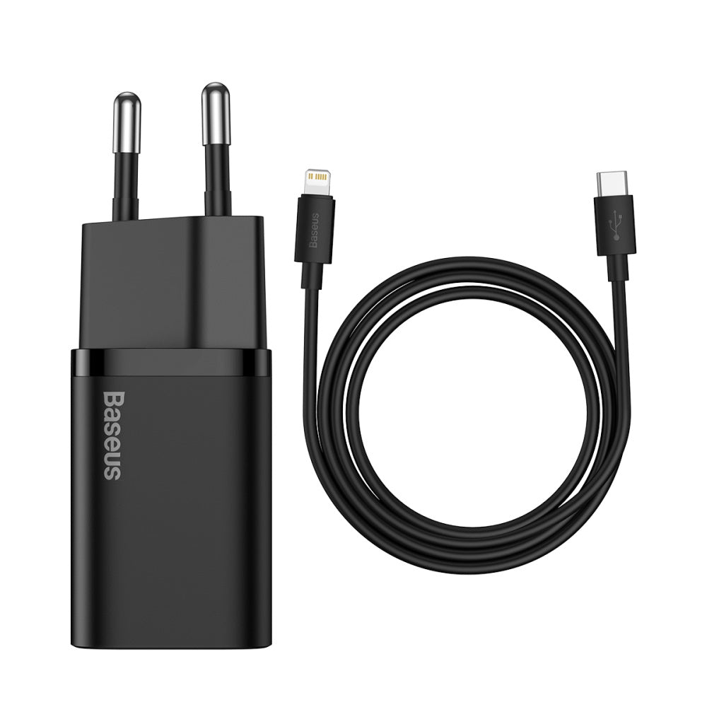 BASEUS ŁADOWARKA SIECIOWA SUPER SI PD 20W 1X USB-C CZARNA + KABEL USB-C - LIGHTNING