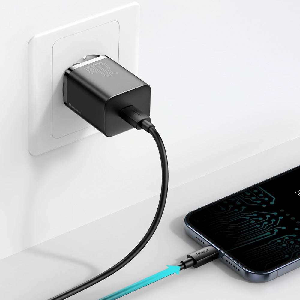 BASEUS ŁADOWARKA SIECIOWA SUPER SI PD 20W 1X USB-C CZARNA + KABEL USB-C - LIGHTNING