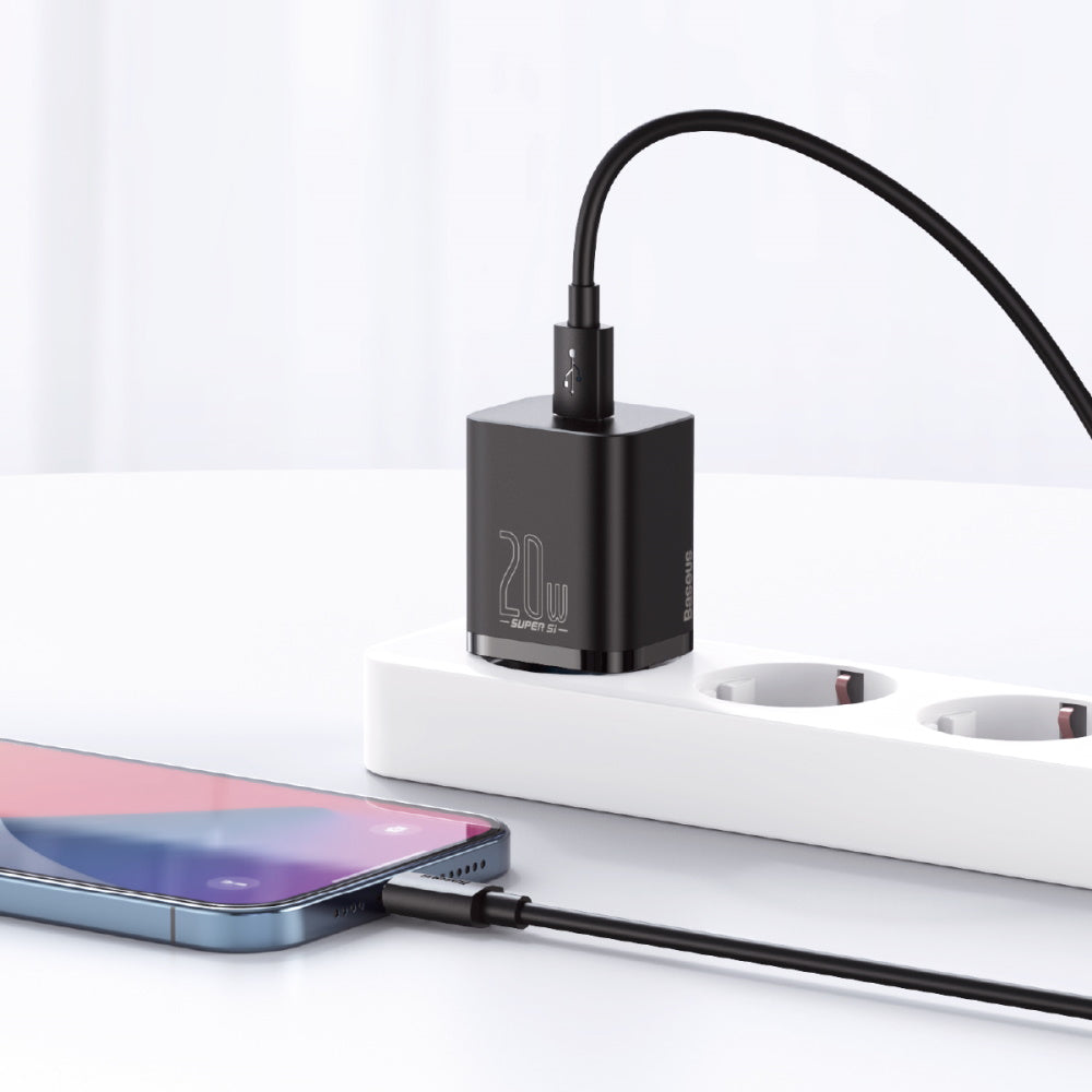 BASEUS ŁADOWARKA SIECIOWA SUPER SI PD 20W 1X USB-C CZARNA + KABEL USB-C - LIGHTNING