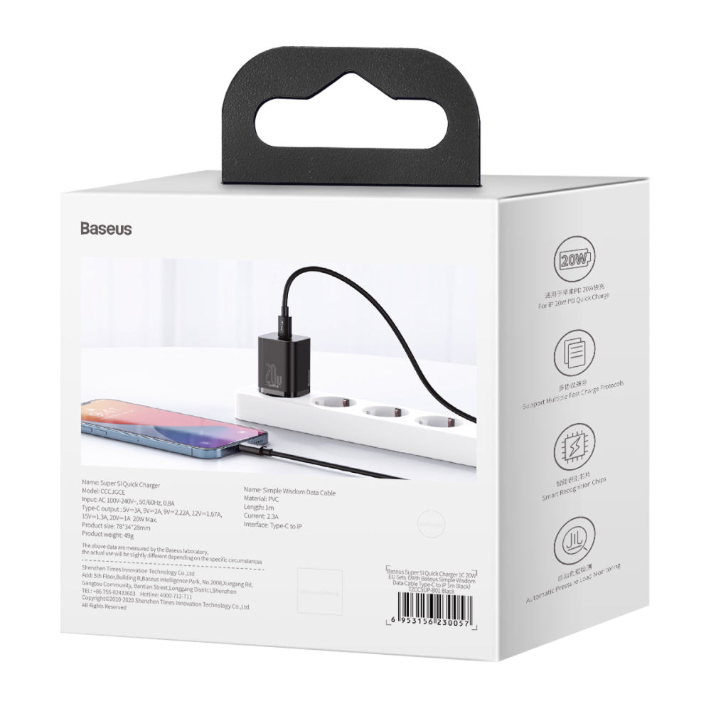 BASEUS ŁADOWARKA SIECIOWA SUPER SI PD 20W 1X USB-C CZARNA + KABEL USB-C - LIGHTNING