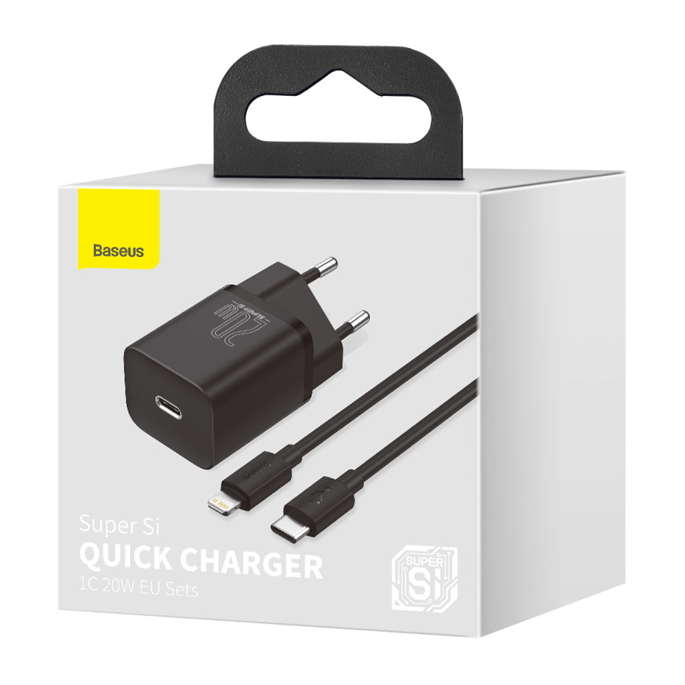 BASEUS ŁADOWARKA SIECIOWA SUPER SI PD 20W 1X USB-C CZARNA + KABEL USB-C - LIGHTNING