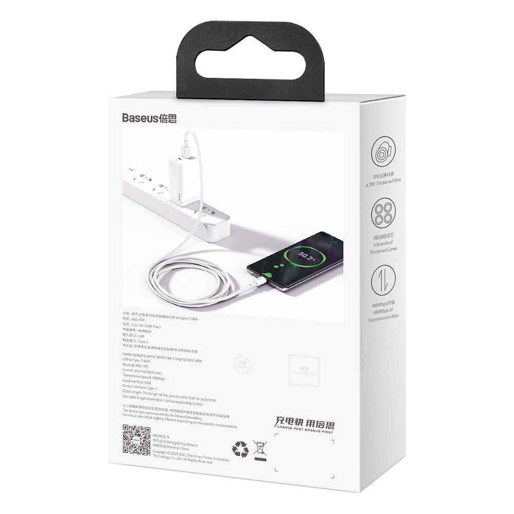 BASEUS KABEL SUPERIOR USB - USB-C 2,0 M BIAŁY 66W