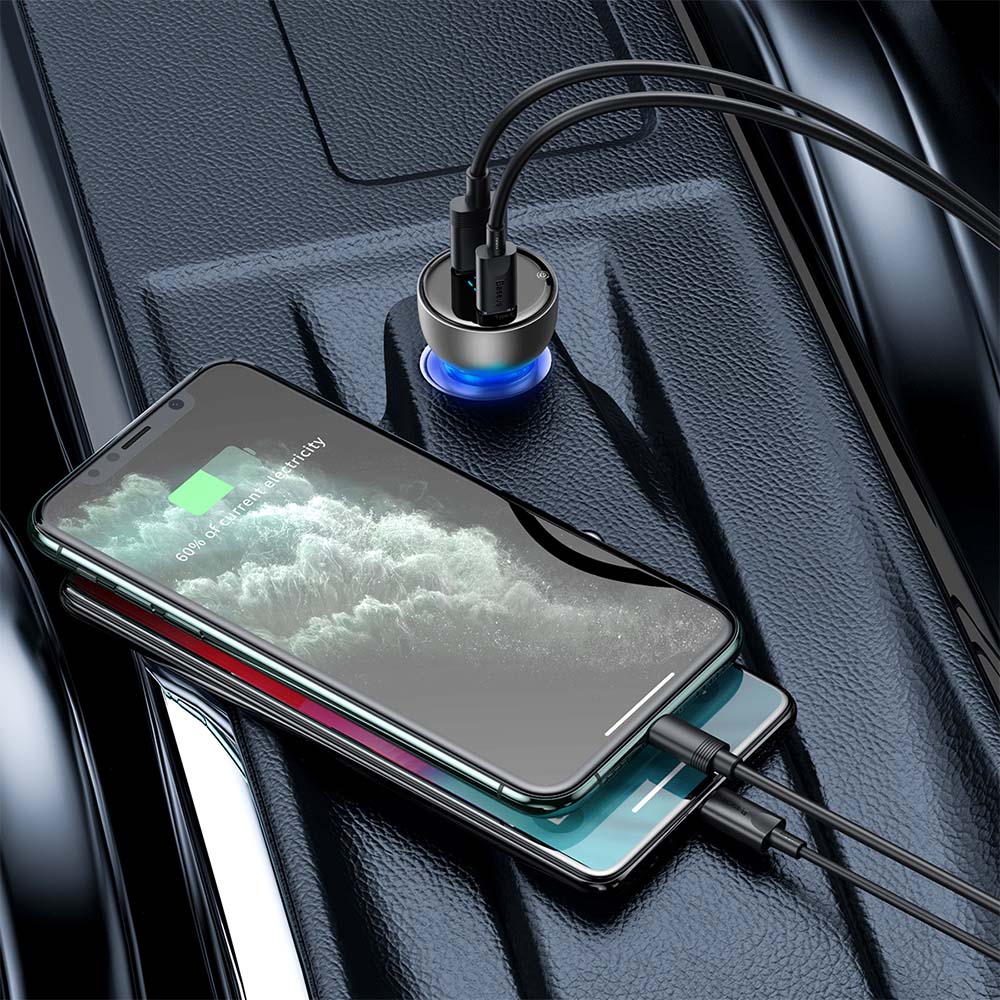 BASEUS ŁADOWARKA SAMOCHODOWA PARTICULAR PD 65W 1X USB 1X USB-C PRZEŹROCZYSTA