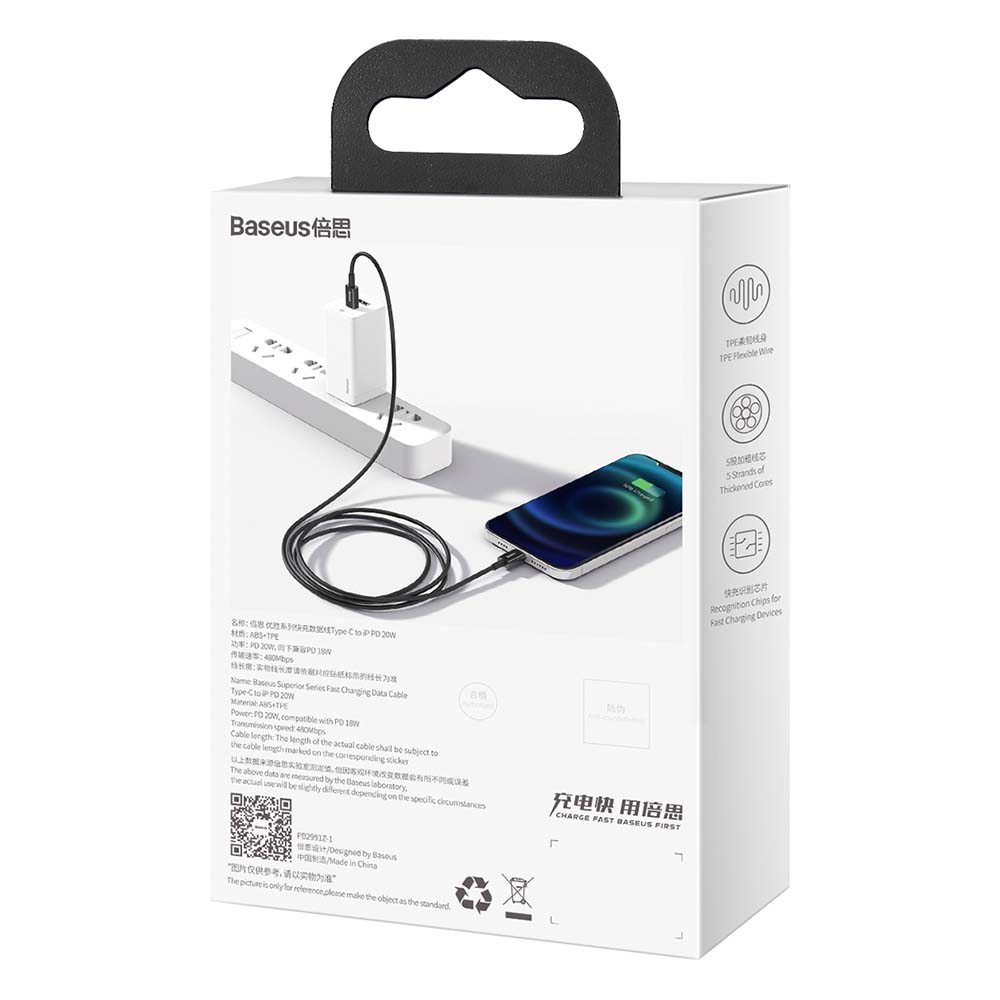 BASEUS KABEL SUPERIOR PD USB-C - LIGHTNING 1,0 M CZARNY 20W