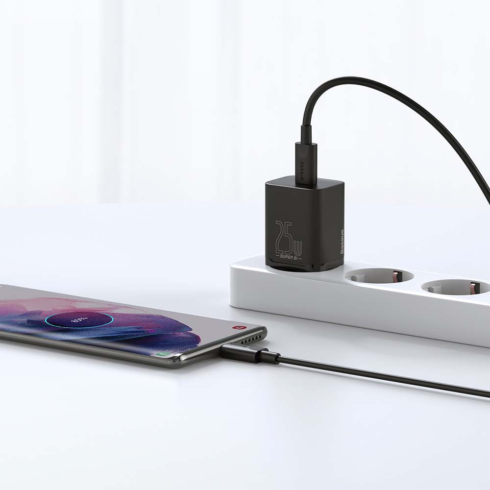 BASEUS ŁADOWARKA SIECIOWA SUPER SI PD 25W 1X USB-C CZARNA + KABEL USB-C - USB-C