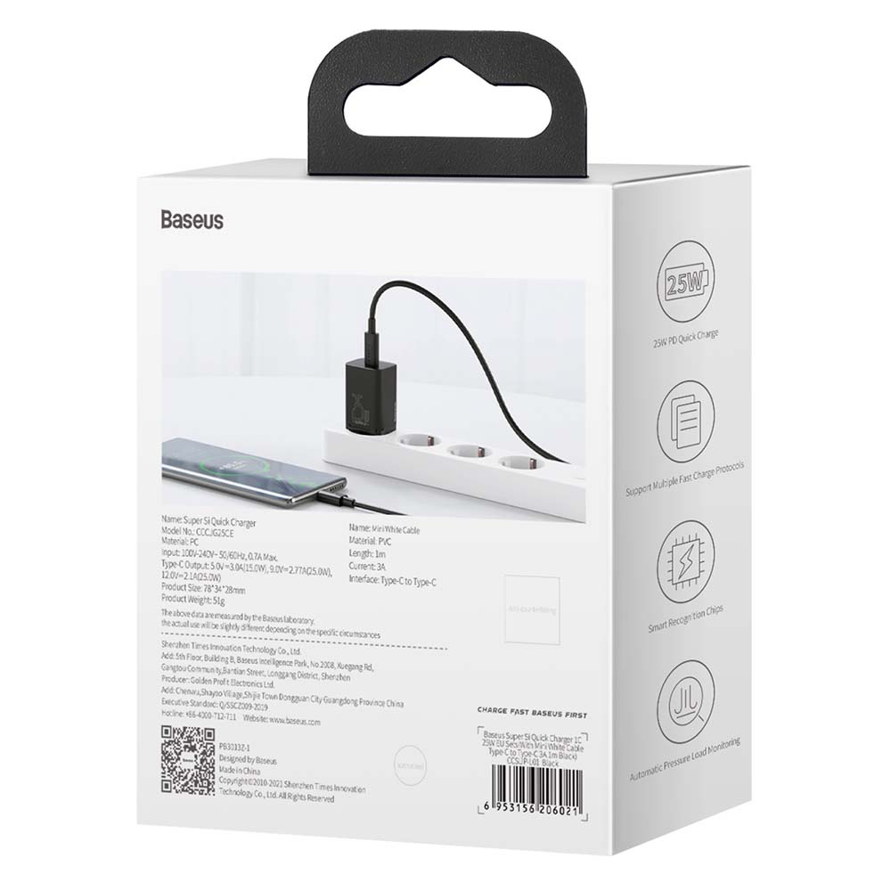 BASEUS ŁADOWARKA SIECIOWA SUPER SI PD 25W 1X USB-C CZARNA + KABEL USB-C - USB-C