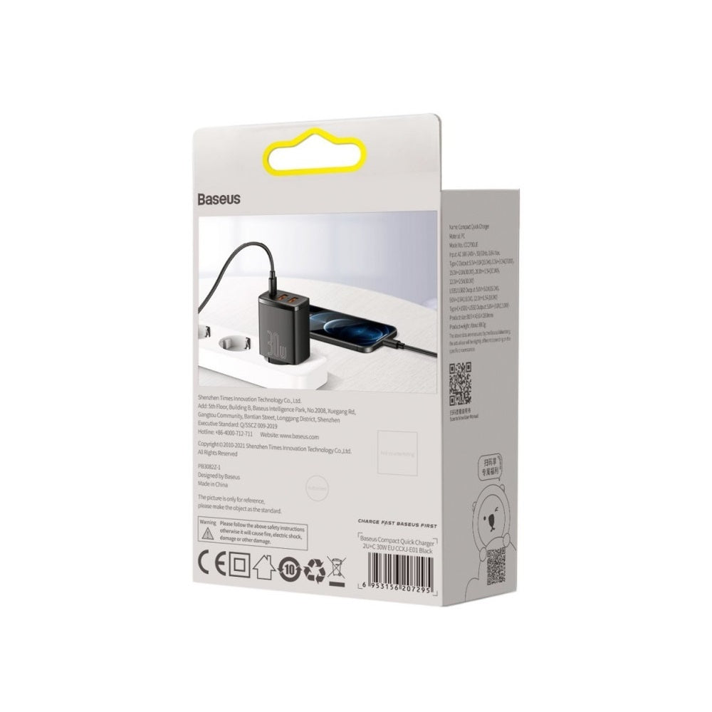 BASEUS ŁADOWARKA SIECIOWA COMPACT PD 30W 1X USB-C 2X USB CZARNA