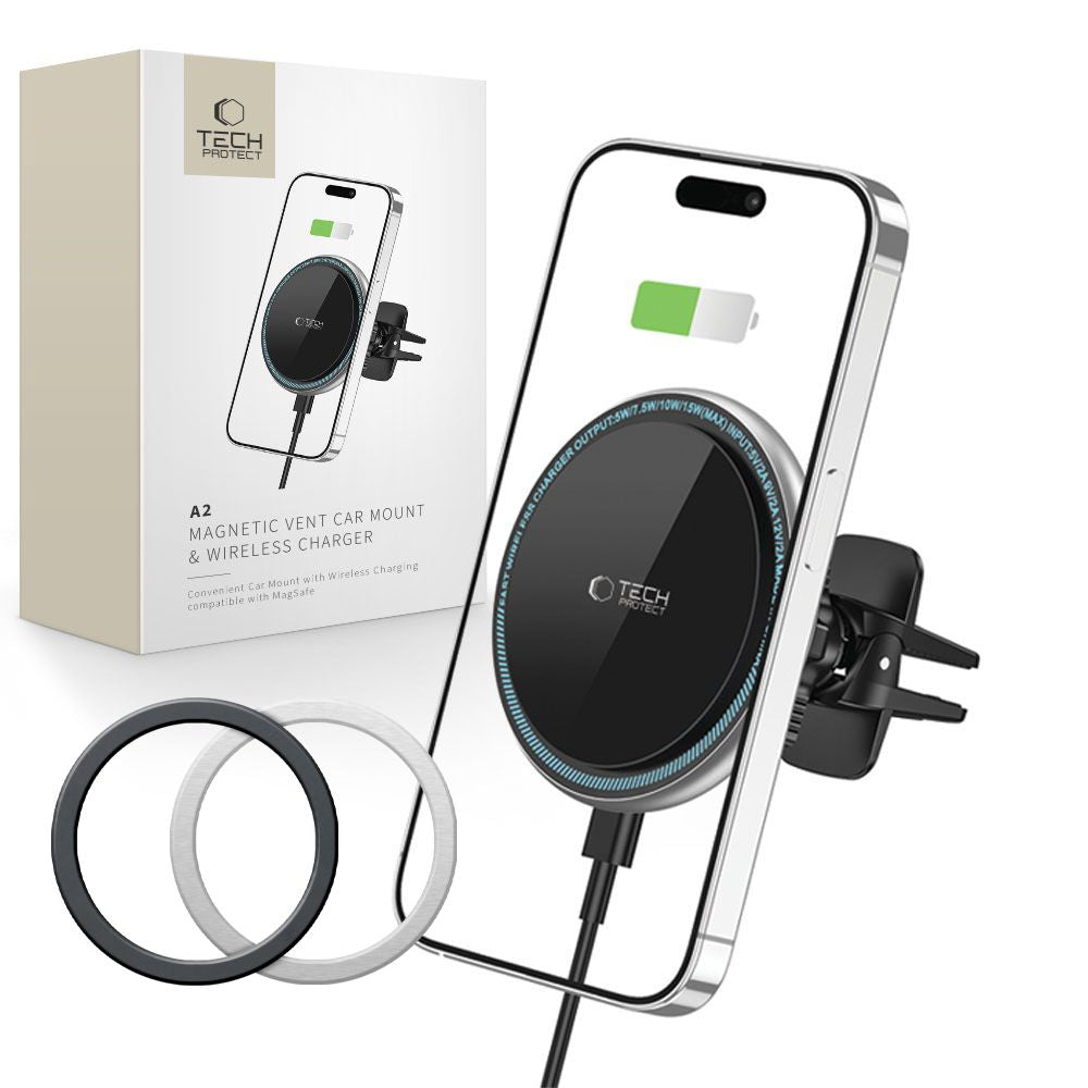 UCHWYT SAMOCHODOWY Z ŁADOWANIEM INDUKCYJNYM TECH-PROTECT A2 MAGNETIC MAGSAFE WIRELESS CHARGER 15W CZARNY