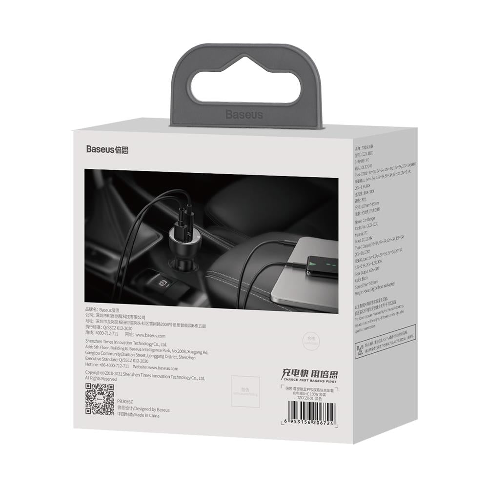 BASEUS ŁADOWARKA SAMOCHODOWA SUPERME PD 100W 1X USB 1X USB-C CZARNA + KABEL USB-C - USB-C