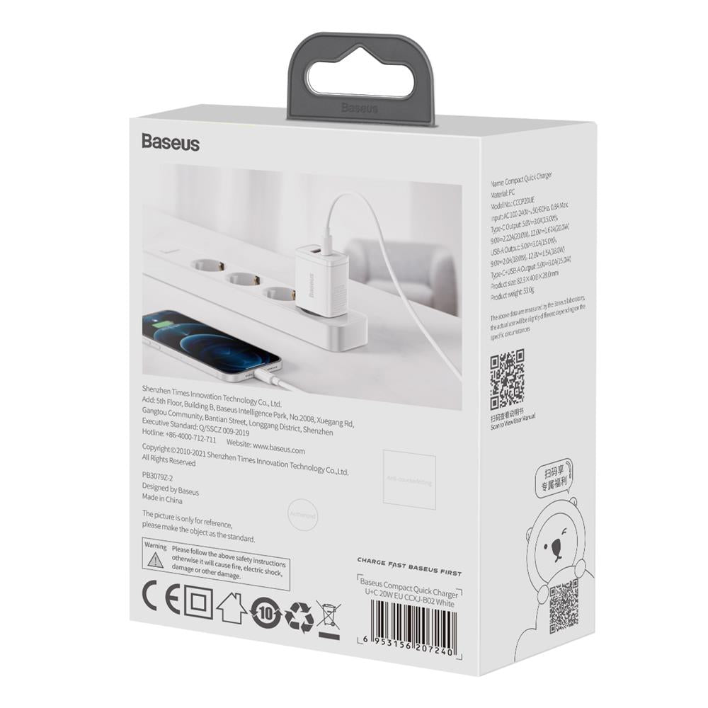 BASEUS ŁADOWARKA SIECIOWA COMPACT PD 20W 1X USB-C 1X USB BIAŁA