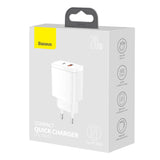 BASEUS ŁADOWARKA SIECIOWA COMPACT PD 20W 1X USB-C 1X USB BIAŁA