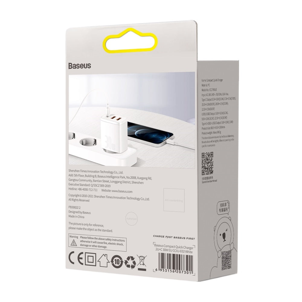 BASEUS ŁADOWARKA SIECIOWA COMPACT PD 30W 1X USB-C 2X USB BIAŁA