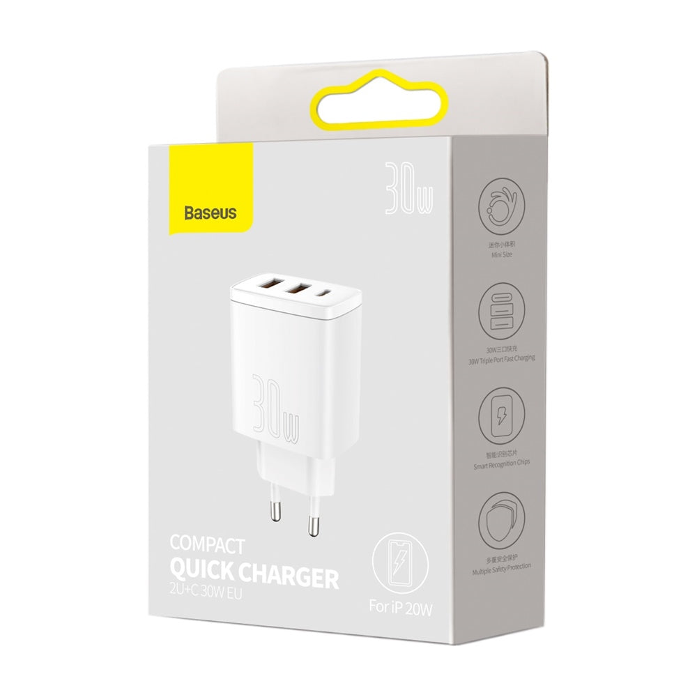BASEUS ŁADOWARKA SIECIOWA COMPACT PD 30W 1X USB-C 2X USB BIAŁA