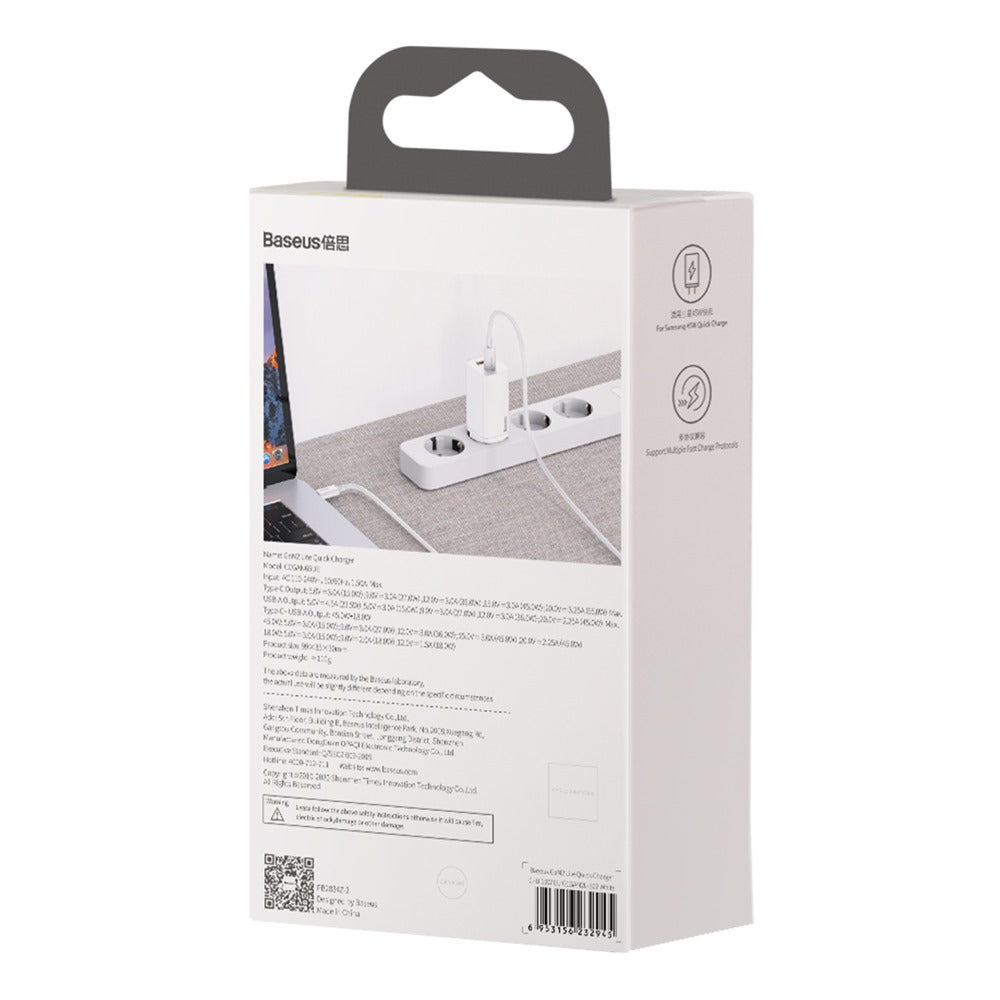 BASEUS ŁADOWARKA SIECIOWA GAN2 LITE PD 65W 1X USB-C 1X USB BIAŁA