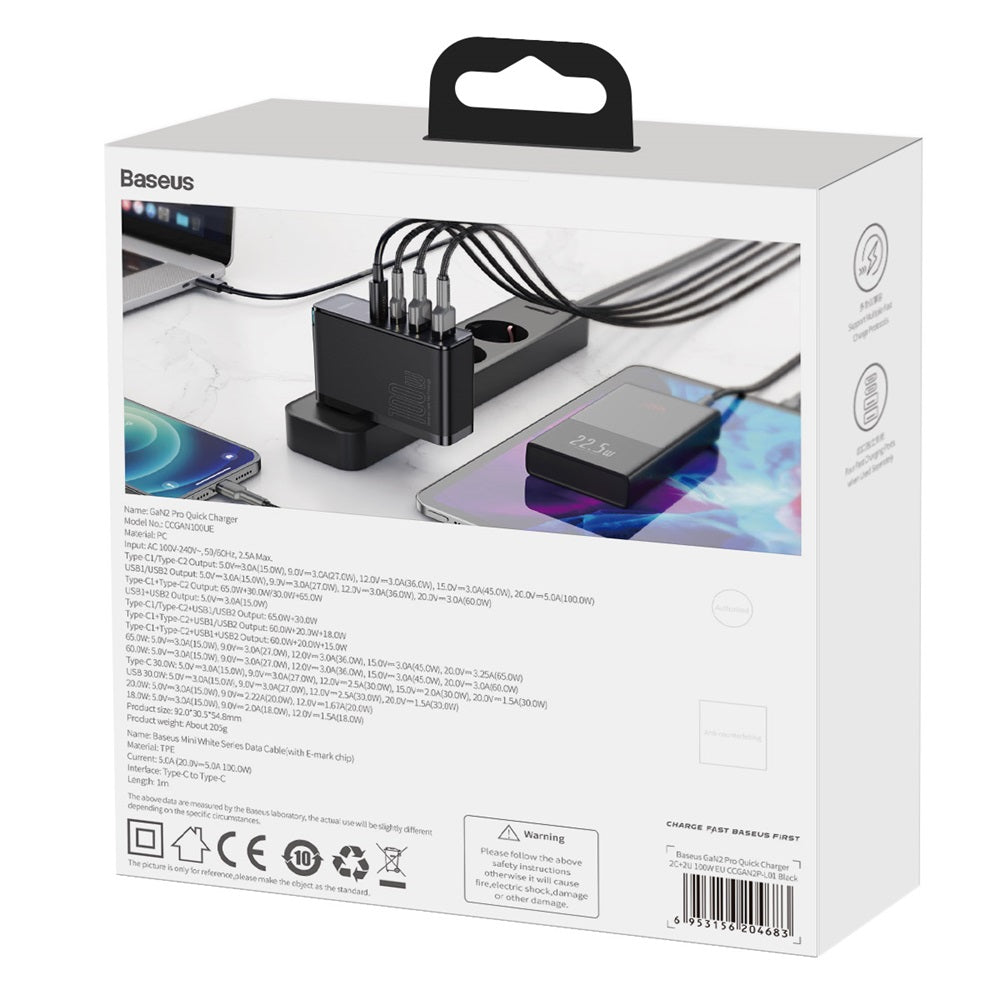 BASEUS ŁADOWARKA SIECIOWA GAN2 PRO PD 100W 2X USB-C 2X USB CZARNA
