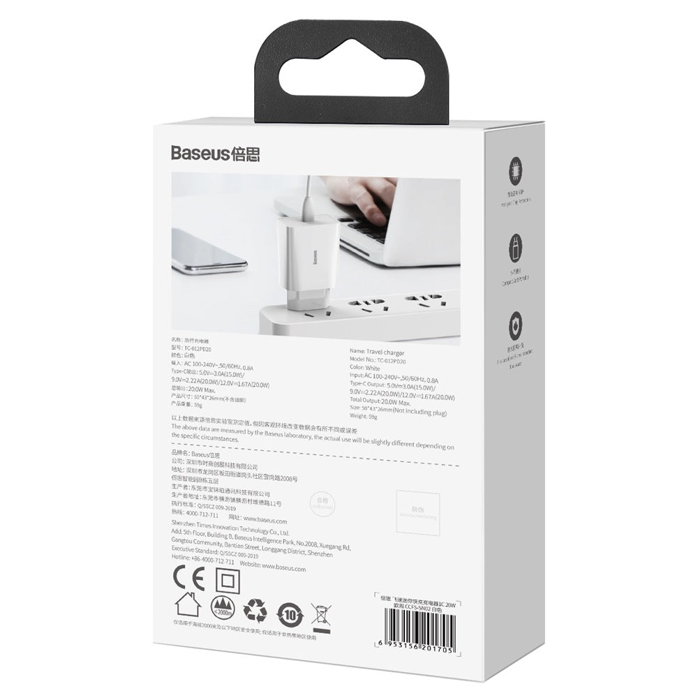 BASEUS ŁADOWARKA SIECIOWA SPEED MINI PD 20W 1X USB-C BIAŁA