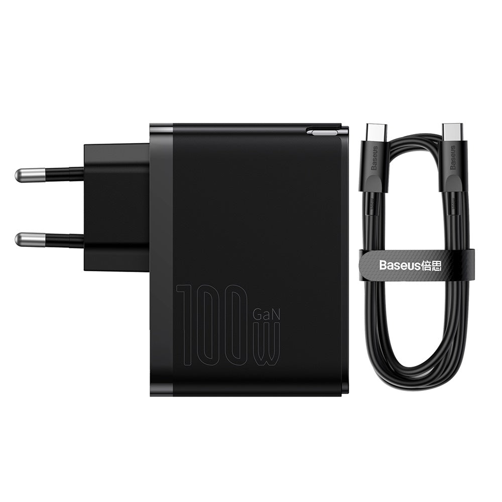 BASEUS ŁADOWARKA SIECIOWA GAN5 PRO PD 100W 1X USB-C 1X USB CZARNA + KABEL USB-C - USB-C