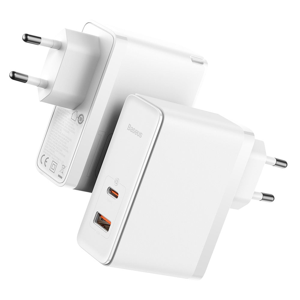 BASEUS ŁADOWARKA SIECIOWA GAN5 PRO PD 100W 1X USB-C 1X USB BIAŁA + KABEL USB-C - USB-C