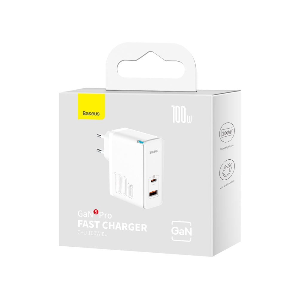 BASEUS ŁADOWARKA SIECIOWA GAN5 PRO PD 100W 1X USB-C 1X USB BIAŁA + KABEL USB-C - USB-C