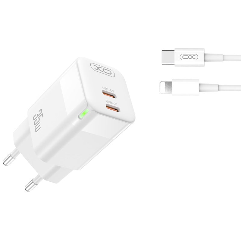 XO ŁADOWARKA SIECIOWA CE07 PD 35W 2X USB-C BIAŁA + KABEL USB-C - LIGHTNING