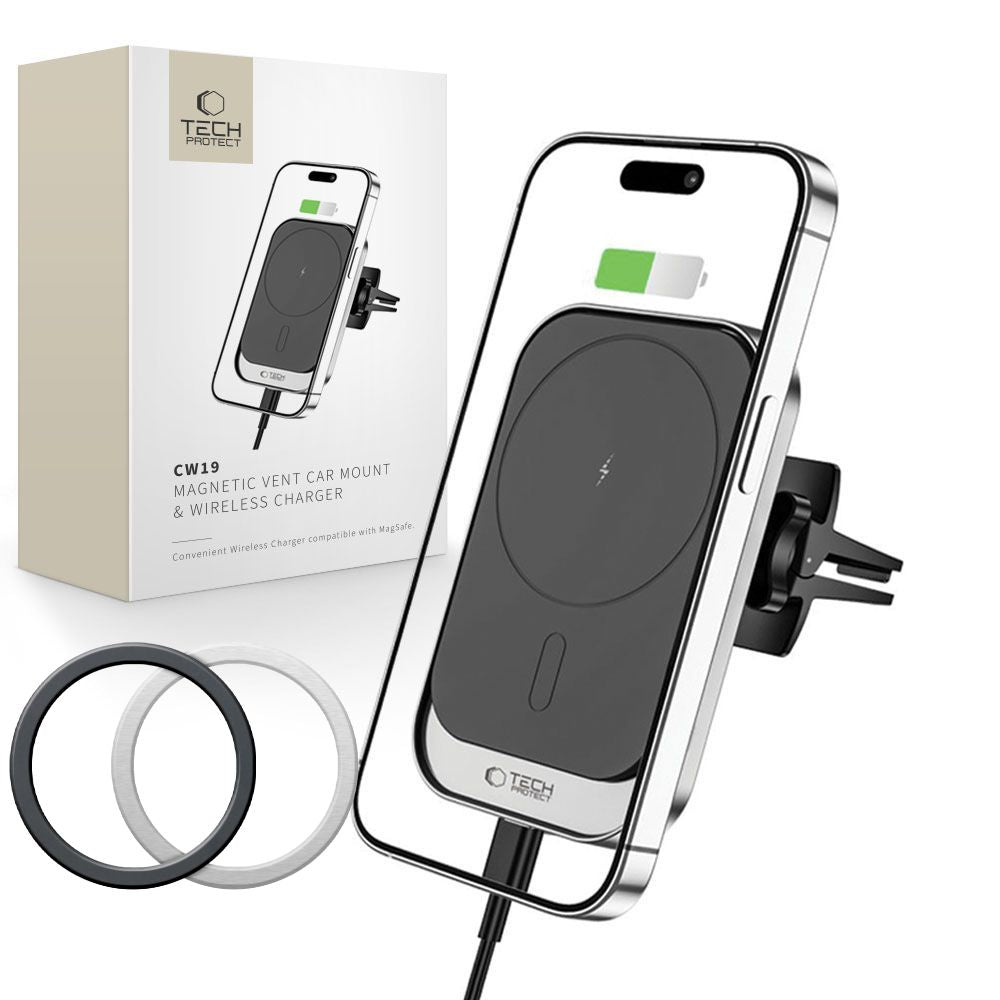UCHWYT SAMOCHODOWY DO KRATKI Z ŁADOWANIEM INDUKCYJNYM TECH-PROTECT CW19 MAGNETIC MAGSAFE  WIRELESS CHARGER 15W CZARNY