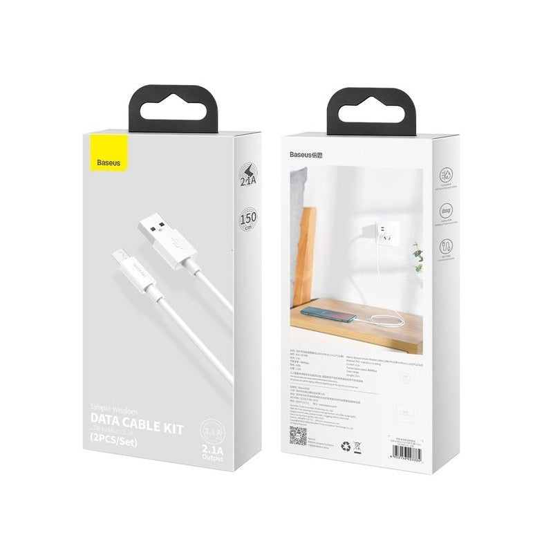 BASEUS KABEL SIMPLE WISDOM USB - MICRO USB 1,5 M 2,1A BIAŁY 2 SZT