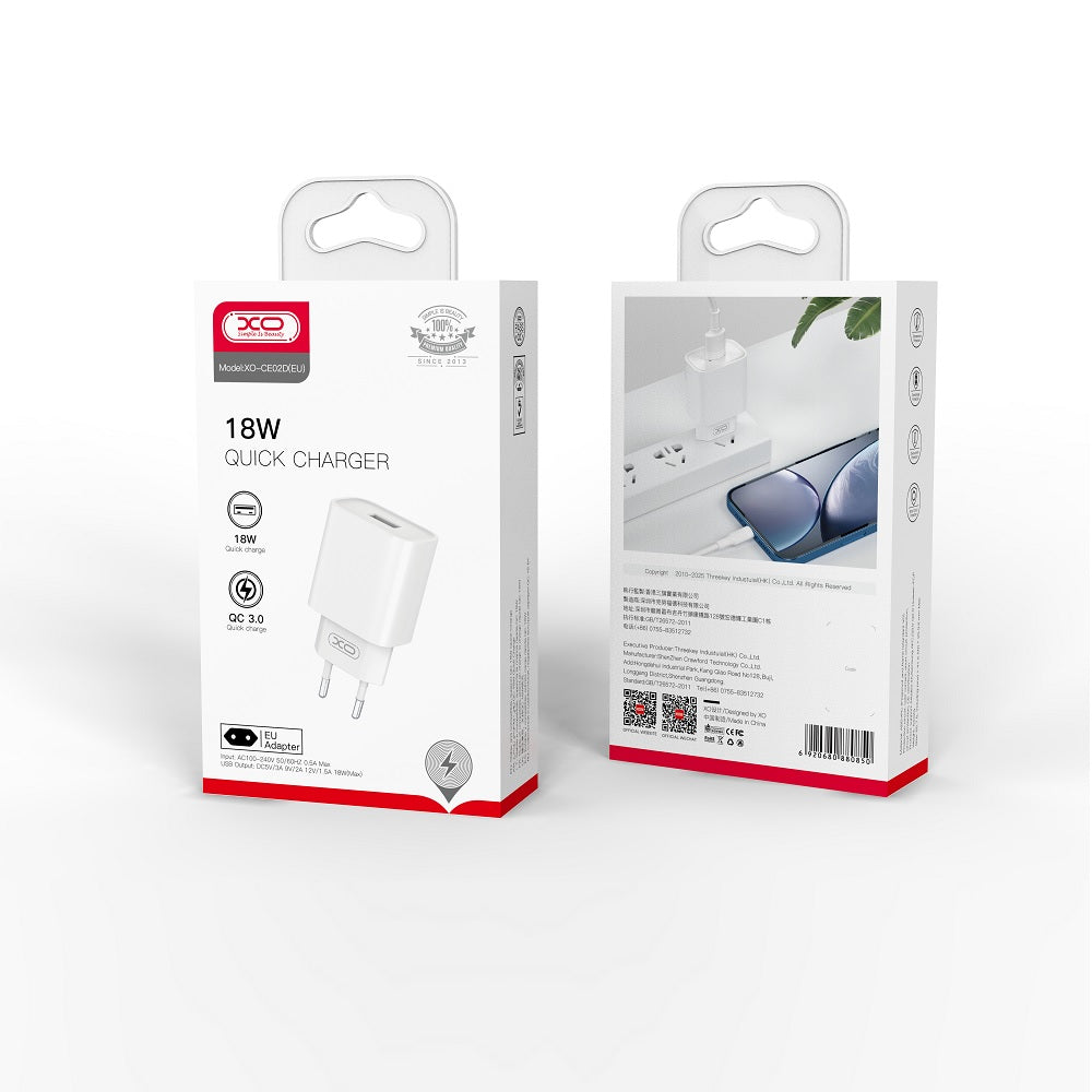 XO ŁADOWARKA SIECIOWA CE02D QC 3.0 18W 1X USB BIAŁA