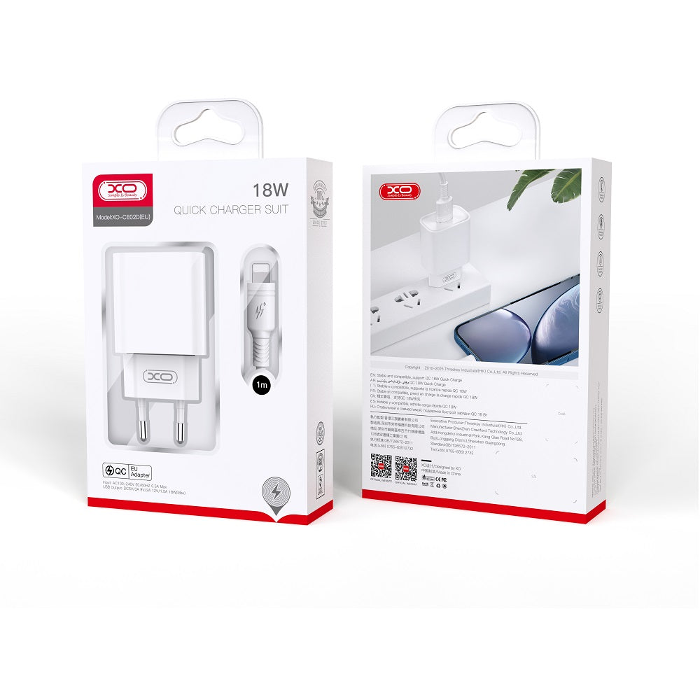 XO ŁADOWARKA SIECIOWA CE02D QC 3.0 18W 1X USB BIAŁA + KABEL USB-C