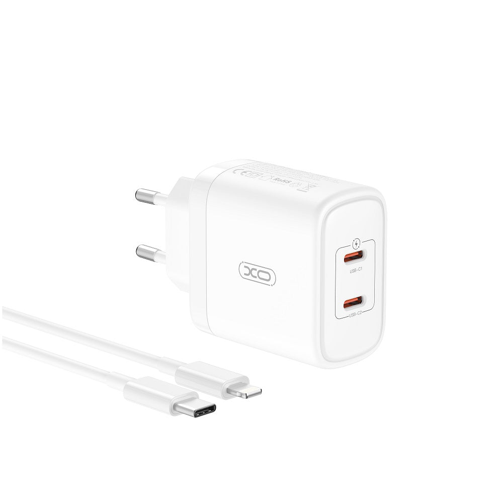 XO ŁADOWARKA SIECIOWA CE08 PD 50W 2X USB-C BIAŁA + KABEL USB-C - LIGHTNING